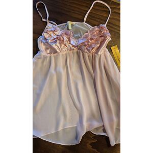 NWT Flora Nikrooz Large Sexy Baby Pink Nighty Satin Ruffle Bodice Sheer Body NEW
